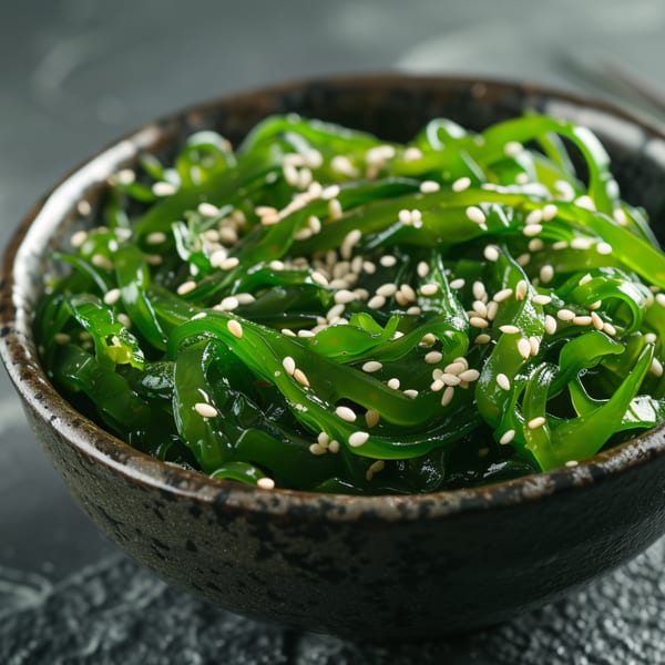 A close-up of a dark bowl filled with vibrant green wakame seaweed salad, topped with sesame seeds.