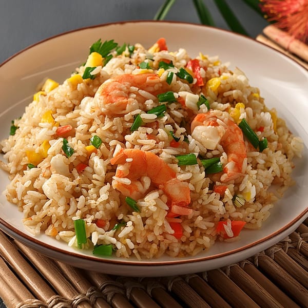 ASIANO Thai & Sushi Bar's shrimp fried rice with vegetables and herbs on a white plate.