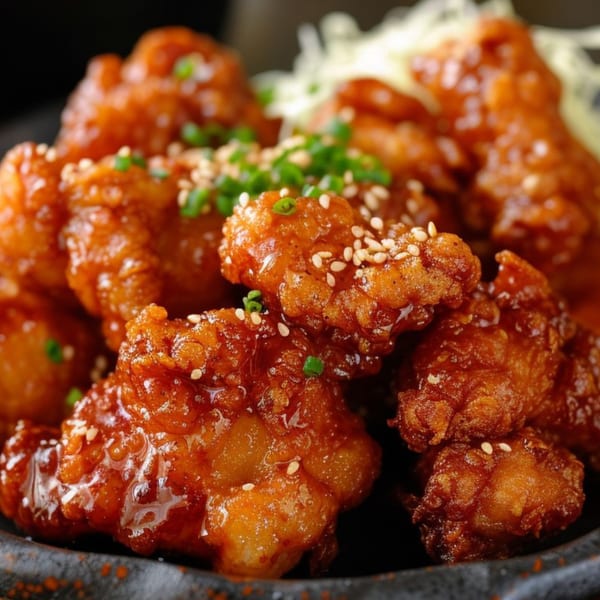 Close-up of crispy Thai fried chicken pieces coated in a glossy orange sauce, garnished with sesame seeds and chives.